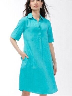 100% Linen Chico's Size 4 Teal Button-Front Collar Dress Summer Coastal Resort